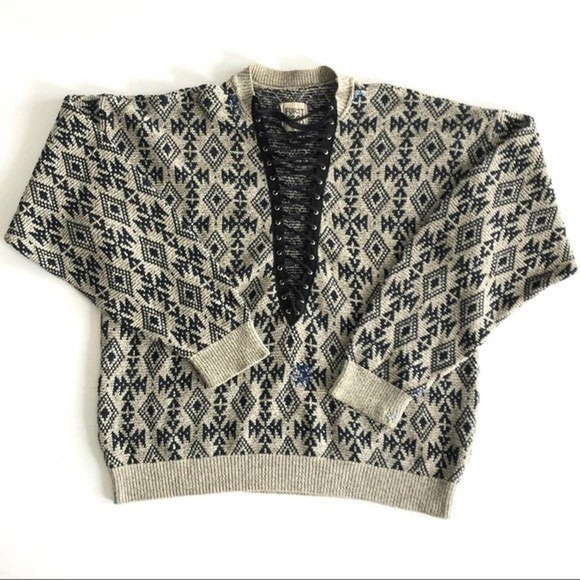 Furst of A Kind Sweaters - Furst of A Kind Vintage Lace Up Geometric Sweater